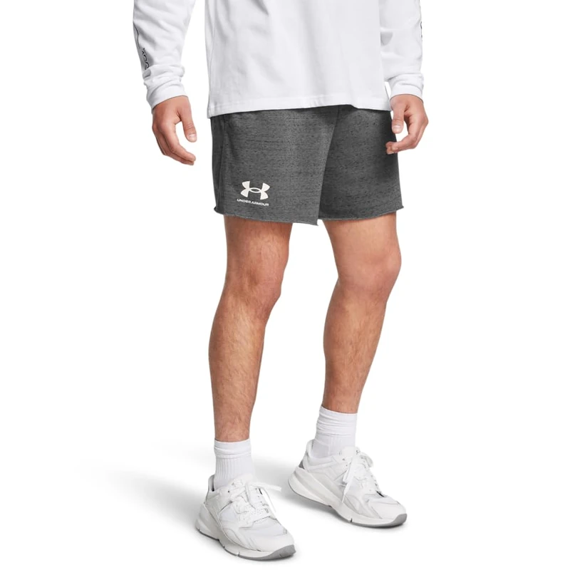 Under Armour Men's Rival Terry 6in Short, Lightweight Men's Gym Gear for Training and Warm Ups, Versatile Sports Shorts with Pockets,Castlerock / / Onyx White,XS