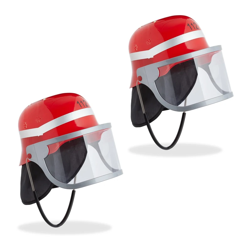Relaxdays Kids Fireman Helmet, Set of 2, Adjustable, Visor, Firefighter Hat, Fancy Dress, 24.5 x 22.5 x 28 cm, Red