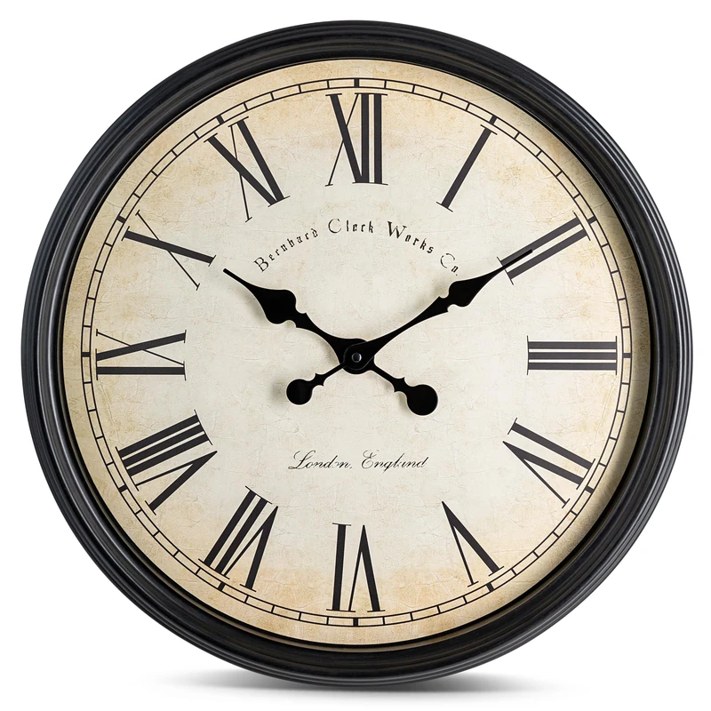 Bernhard Products Large Decorative Wall Clock 20 Inch Silent Non Ticking Battery Operated Quartz Vintage Stylish with Rustic Black Rim for Home Living/Dining Room Kitchen & Over Fireplace