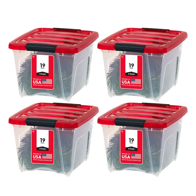 IRIS USA 19 Quart Stackable Plastic Holiday Storage Bins with Lids and Latching Buckles, 4 Pack - Clear/Red, Durable Containers for Long Term Storage Festive Seasonal Decorations Garlands Stockings