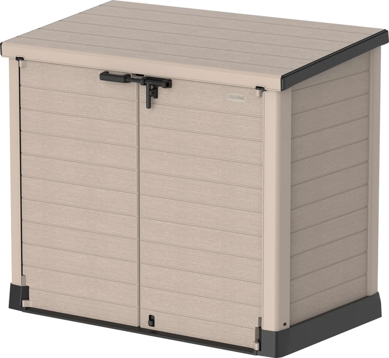 Duramax Cedargrain StoreAway 1200L Plastic Garden Storage Shed/Flat Lid, Outdoor Storage, Wheelie bin box, Durable Construction– Ideal for Tools, Bikes, BBQs & 2x 240L Bins, 145x85x125 cm, Warm Taupe