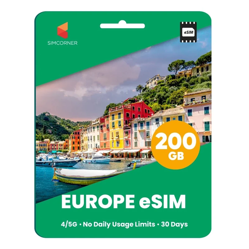 SimCorner Europe & UK Travel eSim Card - BIG 200GB Data. 30 Days. No Daily Limit. Use In 45 Countries. Data Only International Travel eSIM Card For eSim Compatible Mobile Phone, Ipads, Tablets