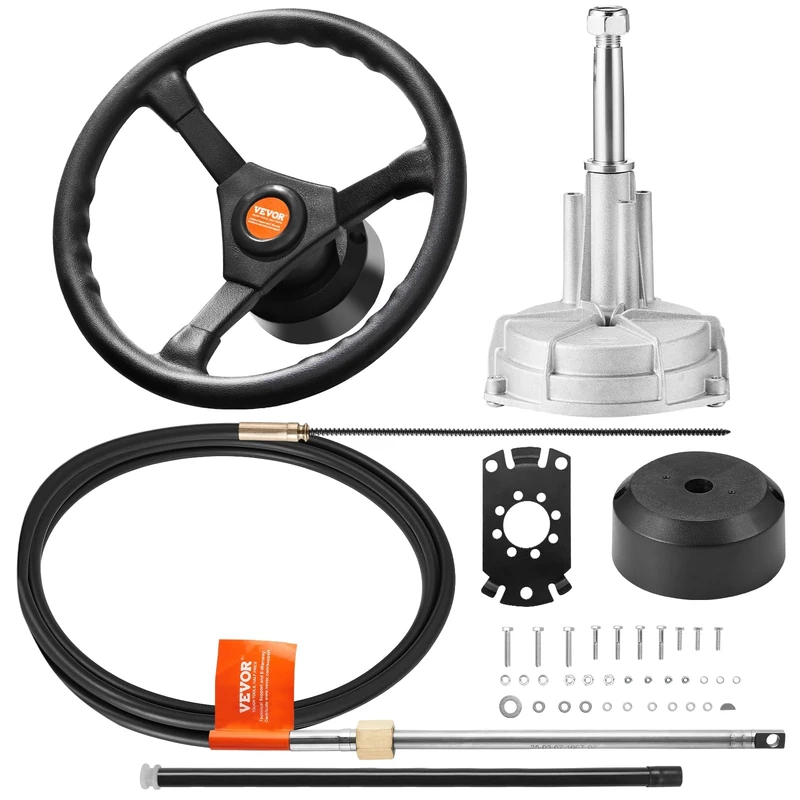 VEVOR Outboard Steering System Kit, 14' Boat Steering Cable, Standard 3/4" Tapered Shaft, 13.5" Steering Wheel, Alloy Marine Steering System, for Yachts, for Yachts, Fishing Boats, And Others