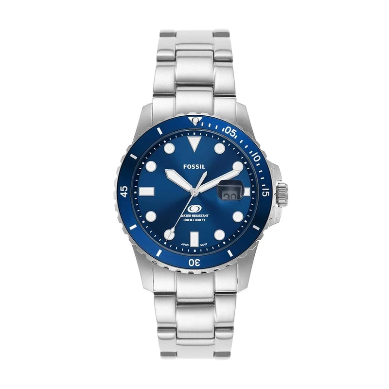 FOSSIL Blue Watch for Men, Quartz Movement with Stainless Steel or Leather Strap,Silver Tone and Blue,42 mm