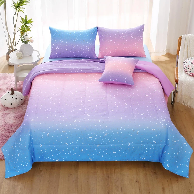 JQinHome Queen Girls Comforter Set,6 Piece Bed in A Bag 3D Purple Orange Glitter Bedding Set -All Season Microfiber Rainbow Bedding Sets for Teen Girls&Boys Women