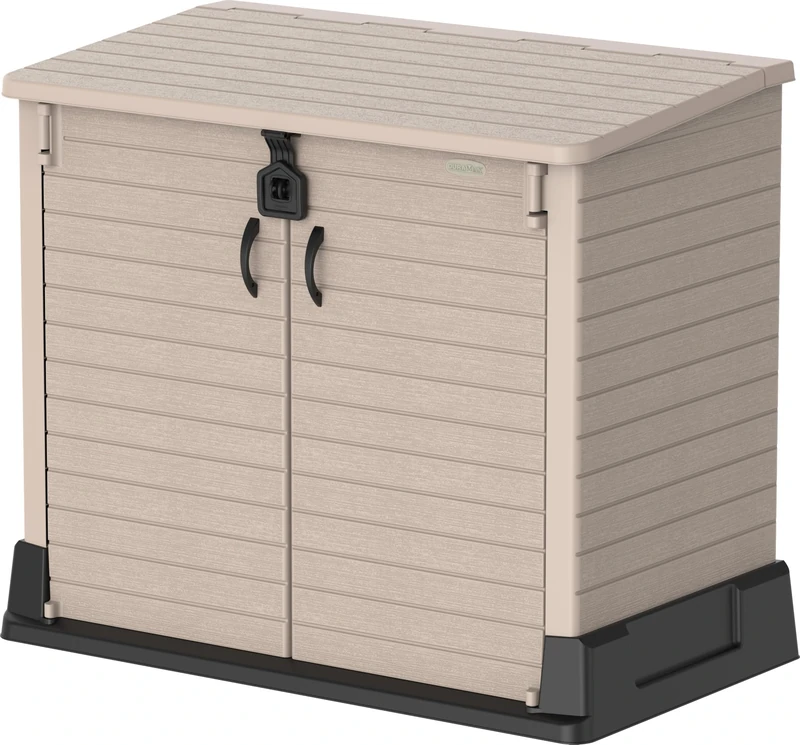 Duramax Cedargrain StoreAway 850L Plastic Garden Storage Shed - Outdoor Storage Shed, Wheelie bin box, Durable Construction, Ideal for Tools, BBQs & 2x 120L Garbage Bins, 130x74x110 cm, Warm Taupe