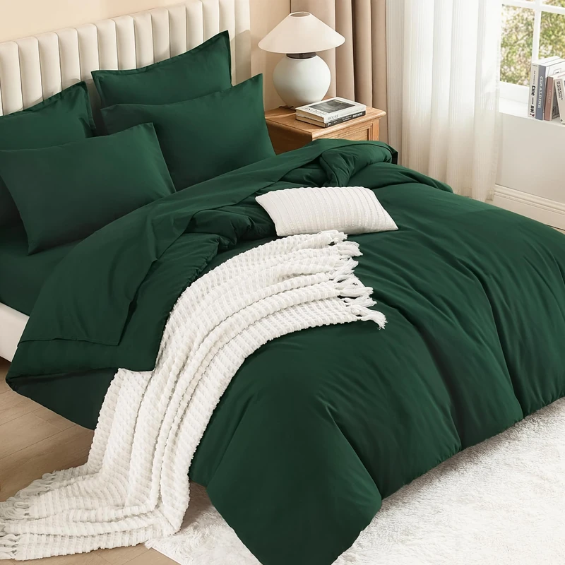 Litanika California King Comforter Set Dark Emerald Green - 7 Pieces Bedding Bed in a Bag Cal King Beddding Comforter Sets, Plain Lightweight Bed Set with Comforter, Sheets, Pillowcases & Shams