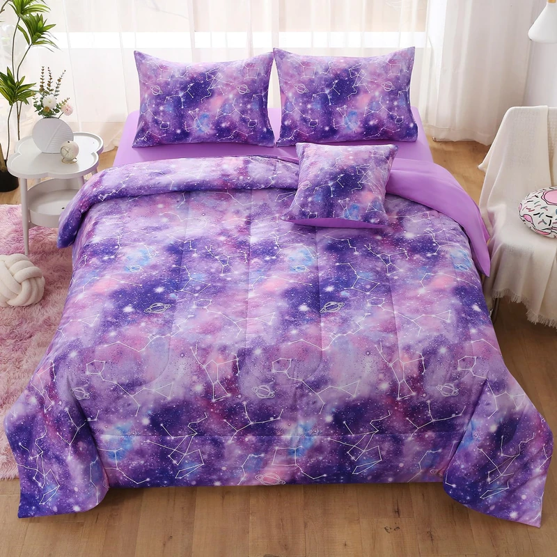 JQinHome Twin Gradient Galaxy Comforter Set for Girls,6 Piece Bed in A Bag 3D Colorful Tie Dye Constellation Print Ombre Bedding Set (Purple)