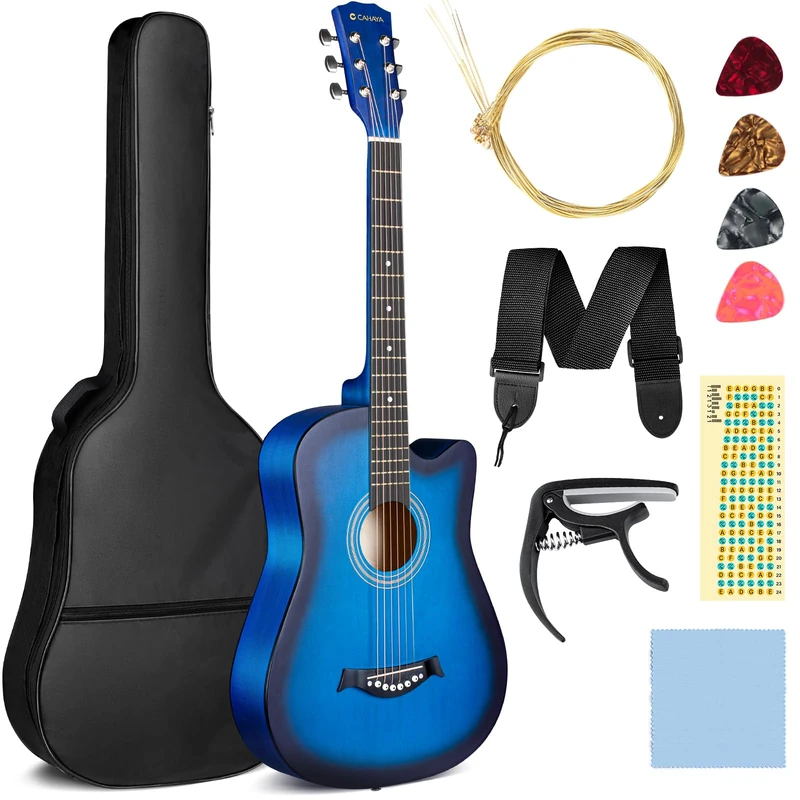 CAHAYA 38 Inch Acoustic Guitar Basswood: Acoustic Guitar Set for Beginners, Children and Adults, Comes with Carry Bag, Replacement Strings, Capo, Picks, Scale Stickers, Blue CY0354