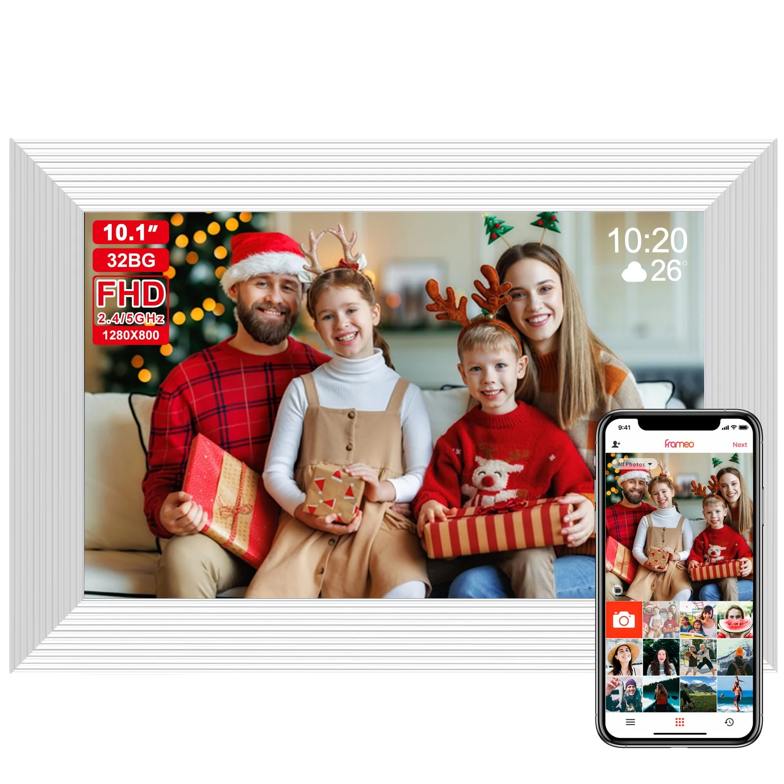 Frameo 10.1 Inch Smart WiFi Digital Photo Frame,Digital Picture Frame Wi-Fi with 32GB Storage & SD Slot, Electronic Picture Frame IPS Touch Screen with Auto-Rotate, Frameo Digital Frame WiFi -White