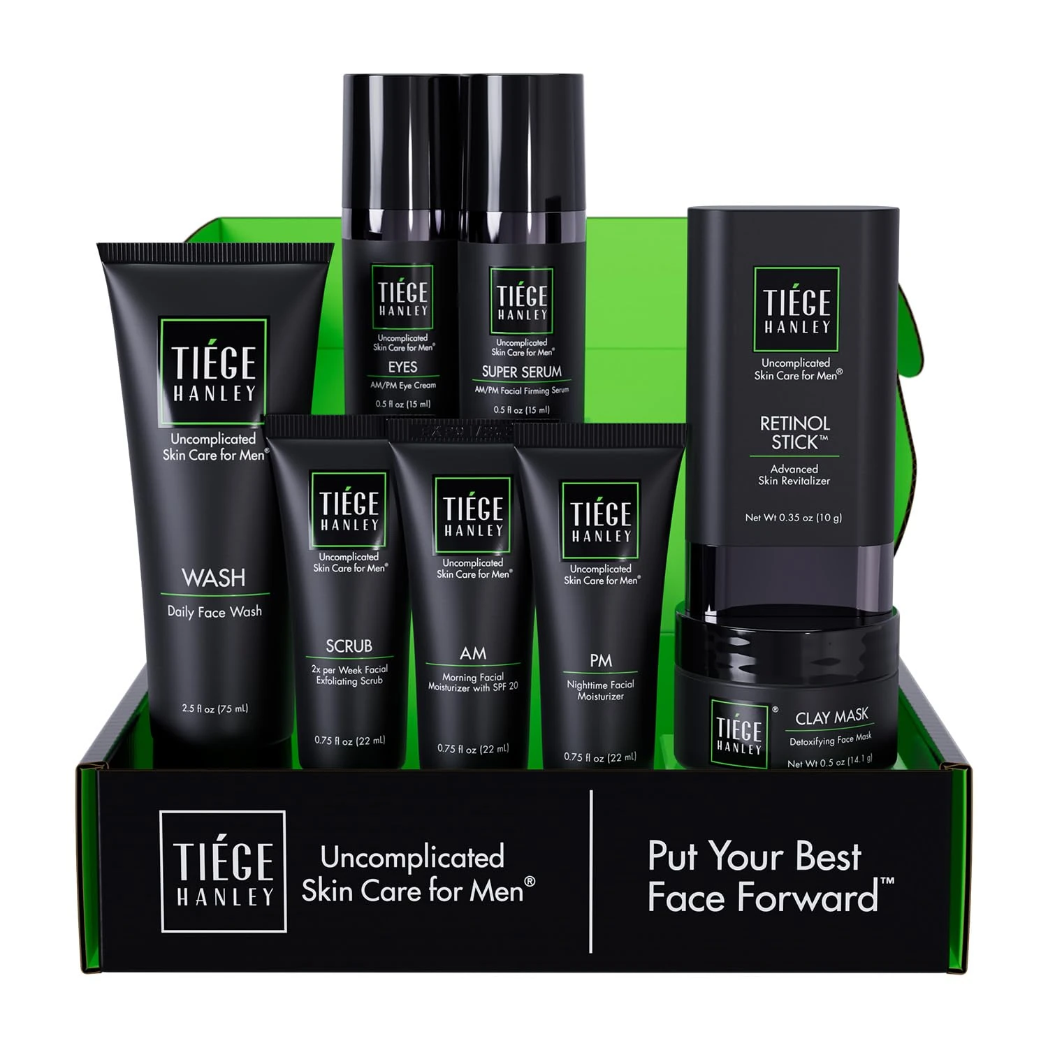 Tiege Hanley Mens Skin Care Set, Rejuvenation Skin Care Routine for Men (System Level 5) - Men's Skincare Set Includes Face Wash, Scrub, Moisturizer, Eye Cream, Face Serum, Clay Mask, & Retinol Stick