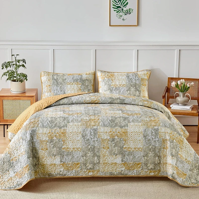Mybedsoul - Boho Duvet Cover Set Queen Size 3 Piece Floral Grey Yellow Check Microfiber Lightweight Patchwork Bedding Set All