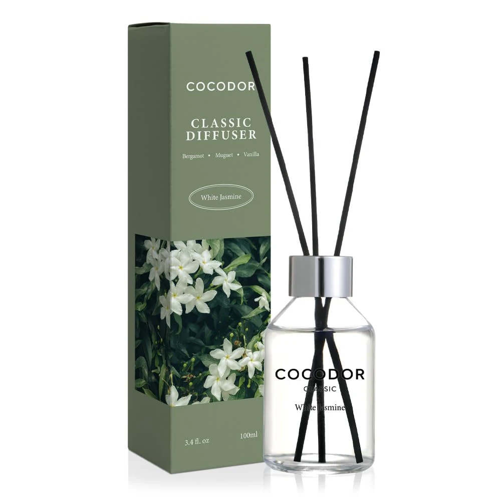 COCODOR Classic Reed Diffuser/White Jasmine/100ml/1 Pack/Fragrance Scent Essential Oil Stick Diffuser Set for Bedroom Bathroom Home Décor