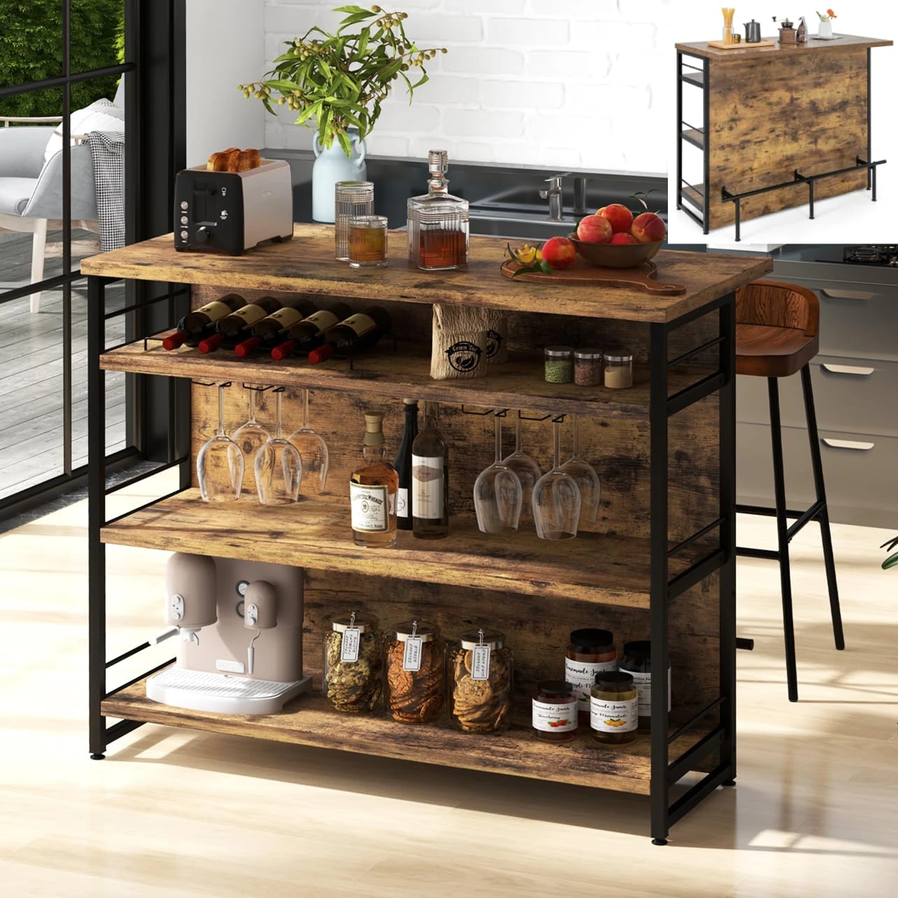 TANGZON 2 in 1 Kitchen Island, Industrial 4-Tier Bar Table with Storage Shelves, Wine Rack, Glass Holders & Footrests, Metal Frame Counter Home Bar Unit Wine Cabinet (Rustic Brown)