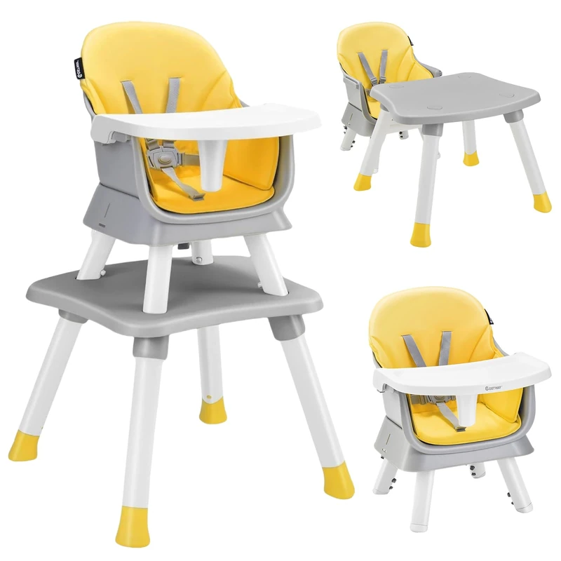 GYMAX 6 in 1 High Chairs, Convertible Baby Dining Highchair with Adjustable and Removable Tray & 5-Point Seat Harness, Multifunctional Infant Feeding Chair for Toddler(Yellow, 58 x 58 x 98 cm)