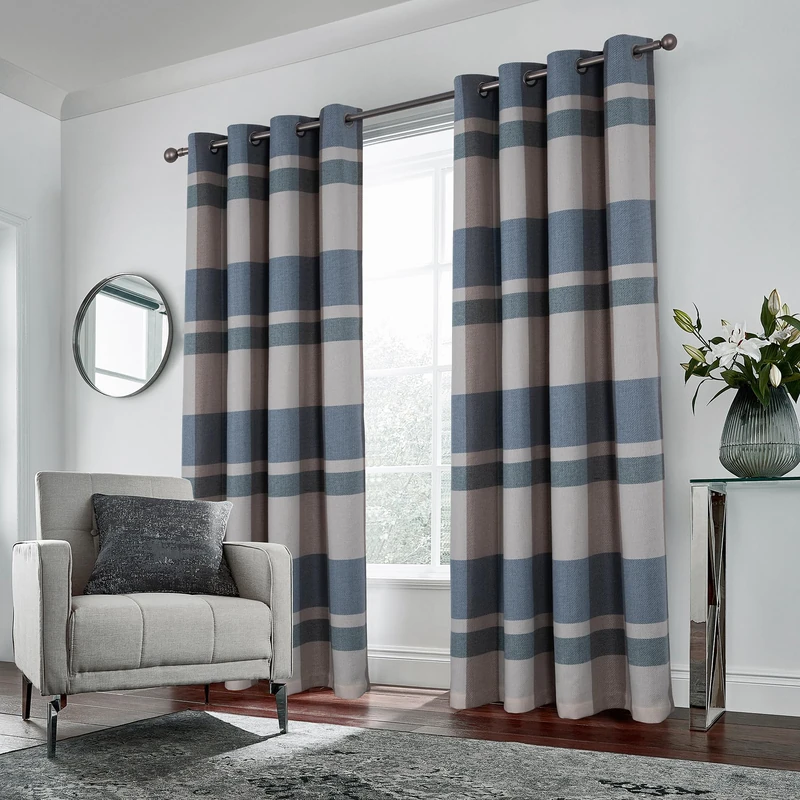 always4u Light Blue Plaid Curtains Farmhouse Window Curtains Highland Woolen Look Grommet Drapes for Living Room Bedroom 2 Panels 54 * 95 Inches