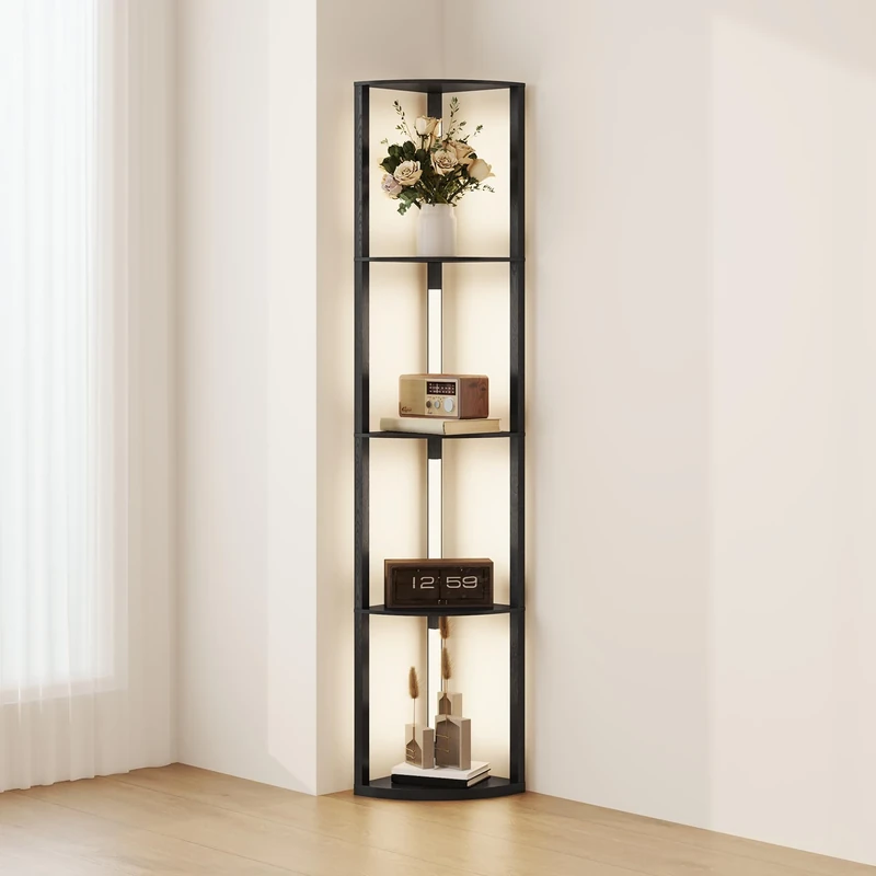 HOMCOM LED Floor Lamp with Shelves, 5-Tier Dimmable Standing Lamp with Adjustable Brightness and Foot Switch, Modern Corner Display Fan-Shaped Shelf Unit for Living Room Bedroom Office, Black