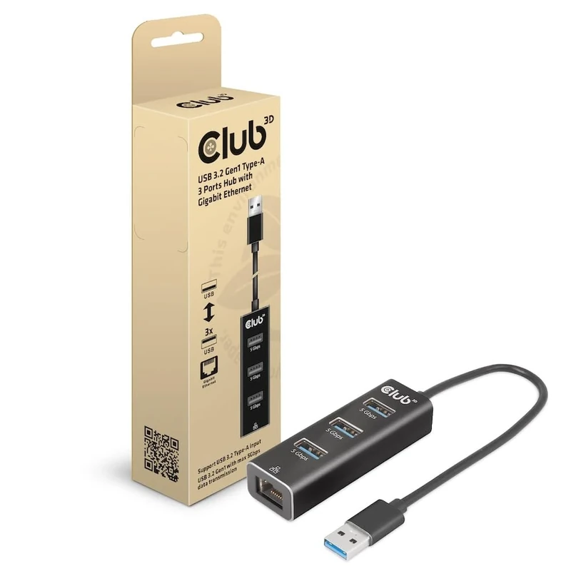 Club 3D CSV-1430A USB 3.2 Gen1 Type-A, 3 Ports Hub with Gigabit Ethernet