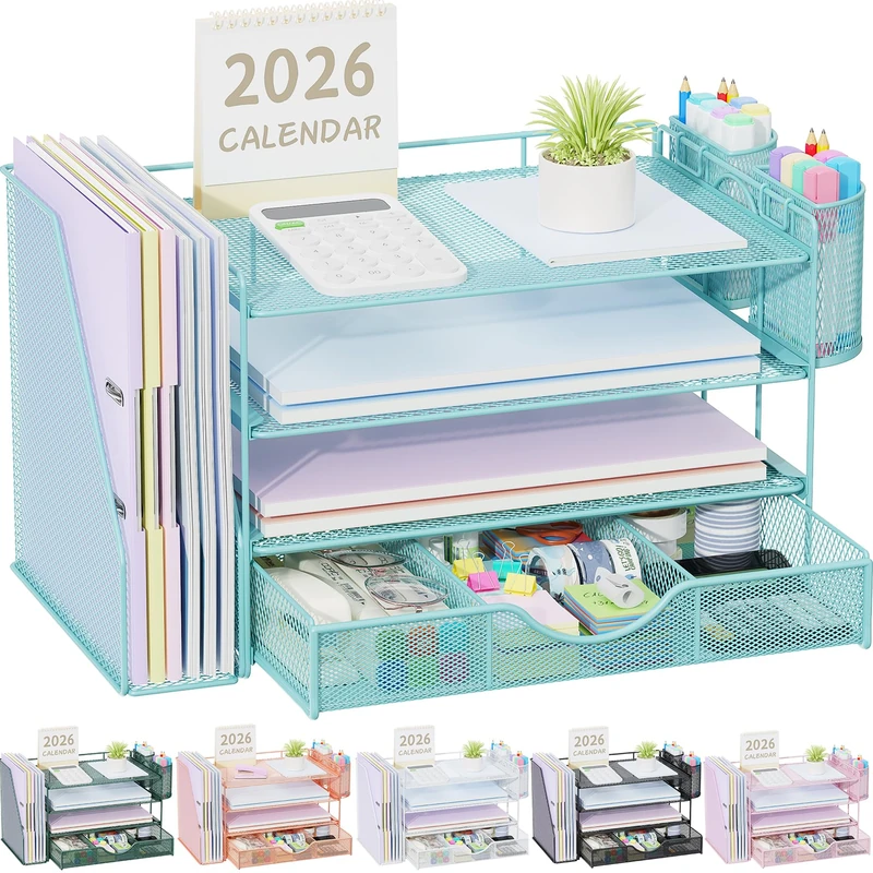 gianotter Paper Letter Tray Organizer with File Holder, 4-Tier Desk Accessories & Workspace Organizers with Drawer and 2 Pen Holder, Desk Organizers and Accessories for Office Supplies (Blue) - Image 1