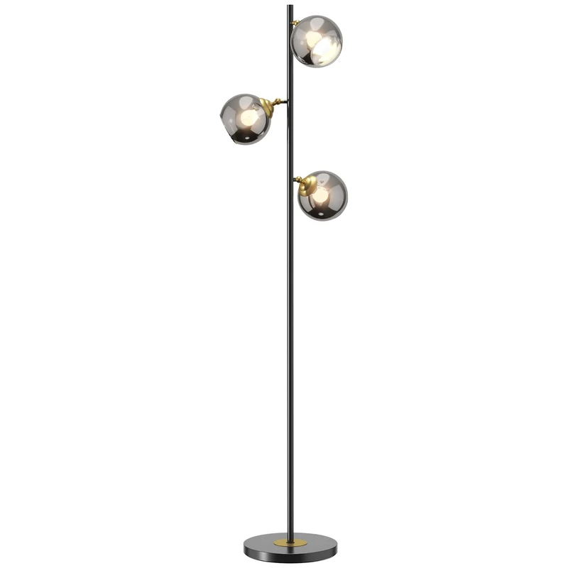 HOMCOM 3-Light Floor Lamp for Living Room with Glass Global Lampshade, Modern Standing Lamp for Bedroom, Bulb not Included, Grey