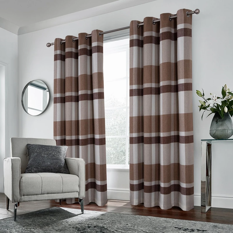always4u Beige Brown Plaid Curtains Farmhouse Window Curtains Highland Woolen Look Grommet Drapes for Living Room Bedroom 2 Panels 54 * 84 Inches