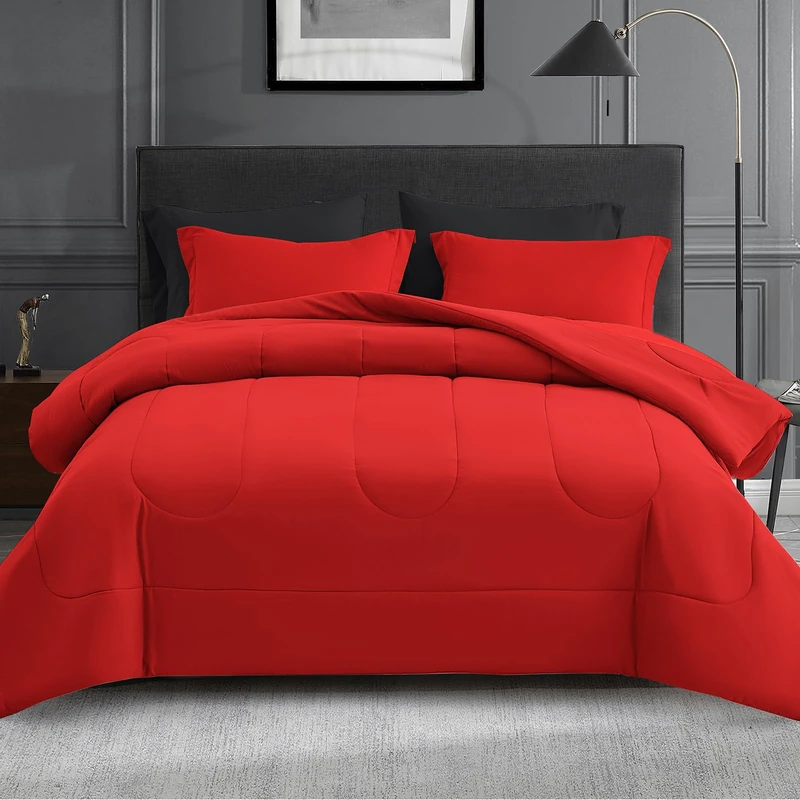 Maple&Stone Queen Comforter Set 7 Pieces Bed in a Bag Red & Black Bed Set