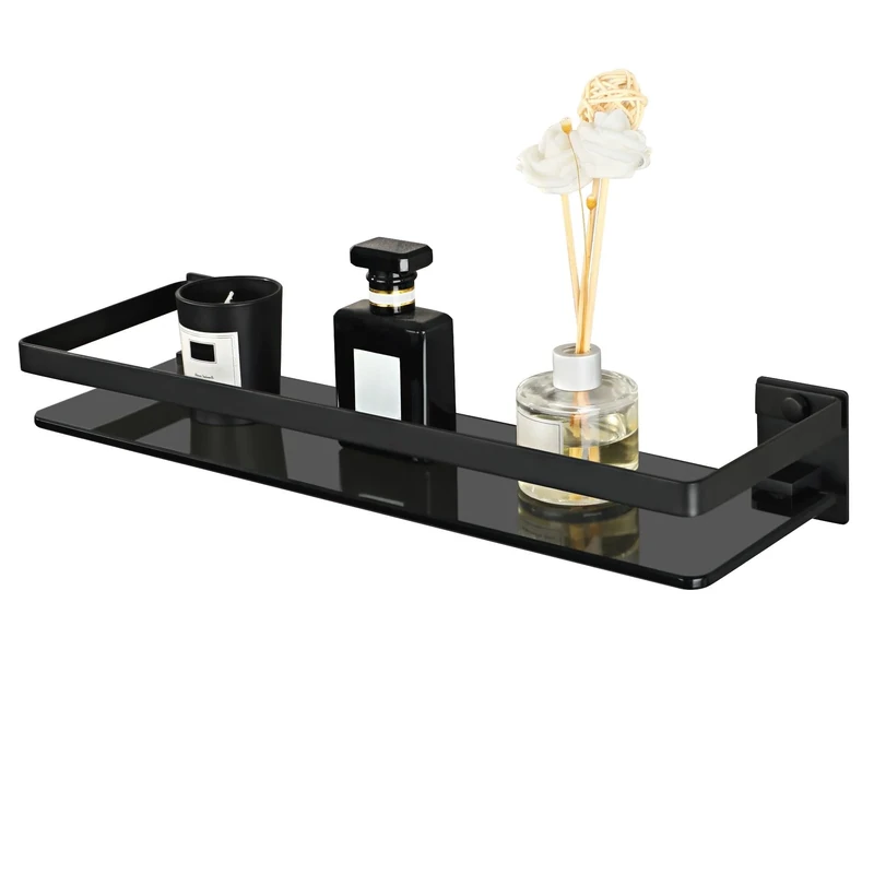 SAYAYO Black Bathroom Shelf Wall Mounted Tempered Glass Shelf, Shower Storage Matte Black with SUS304 Stainless Steel Rail for Kitchen, 38CM Length