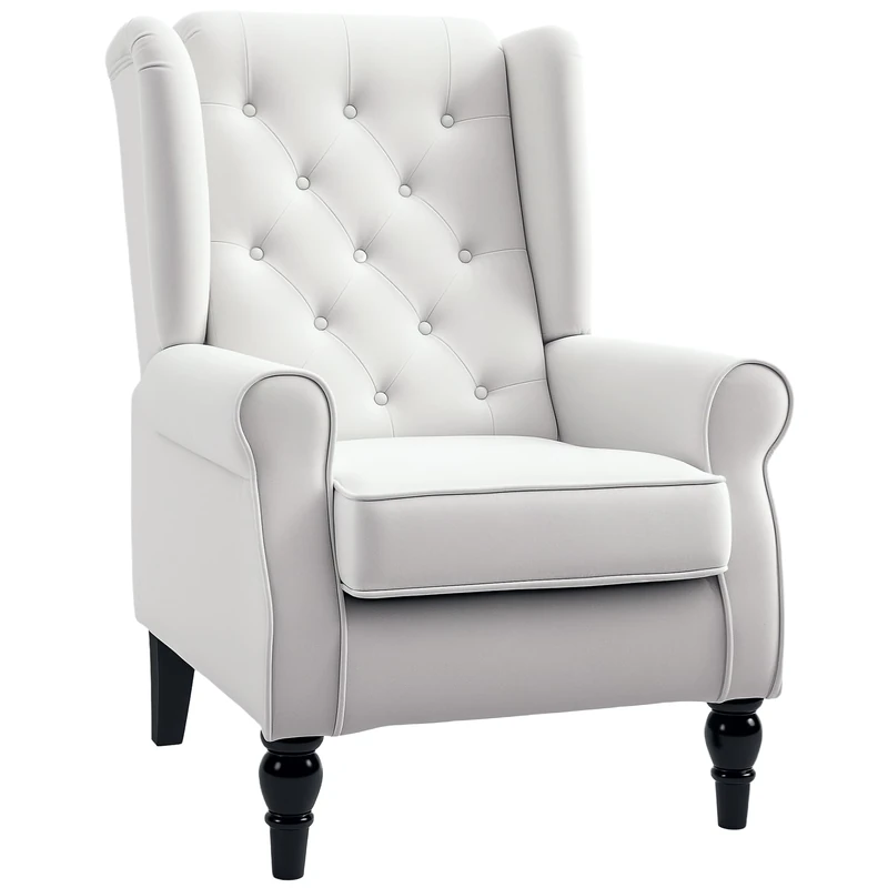 HOMCOM Retro Accent Chair, Snow Flannel Wingback Armchair with Wood Frame Button Tufted Design for Living Room Bedroom, Cream White