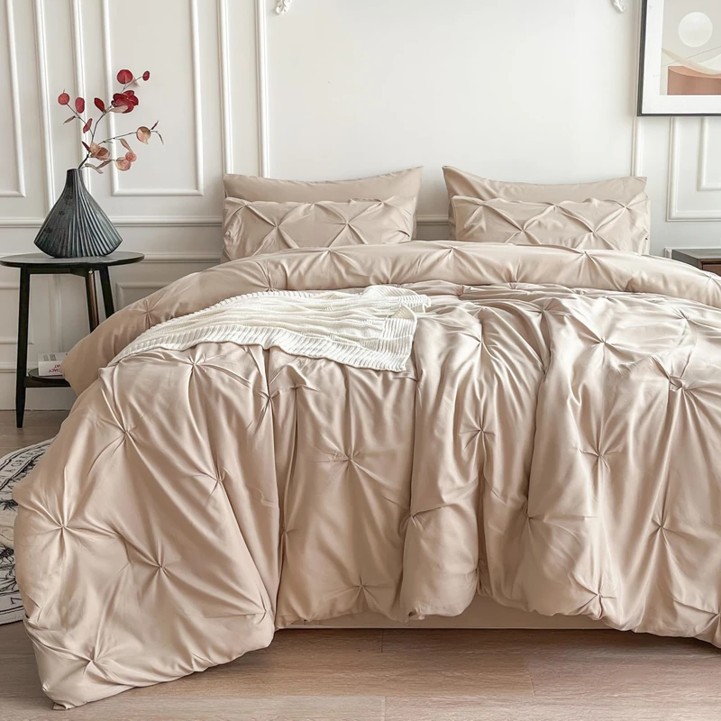 Maple&Stone Beige Comforter Set Queen 7 Pieces Pintuck Bed in a Bag