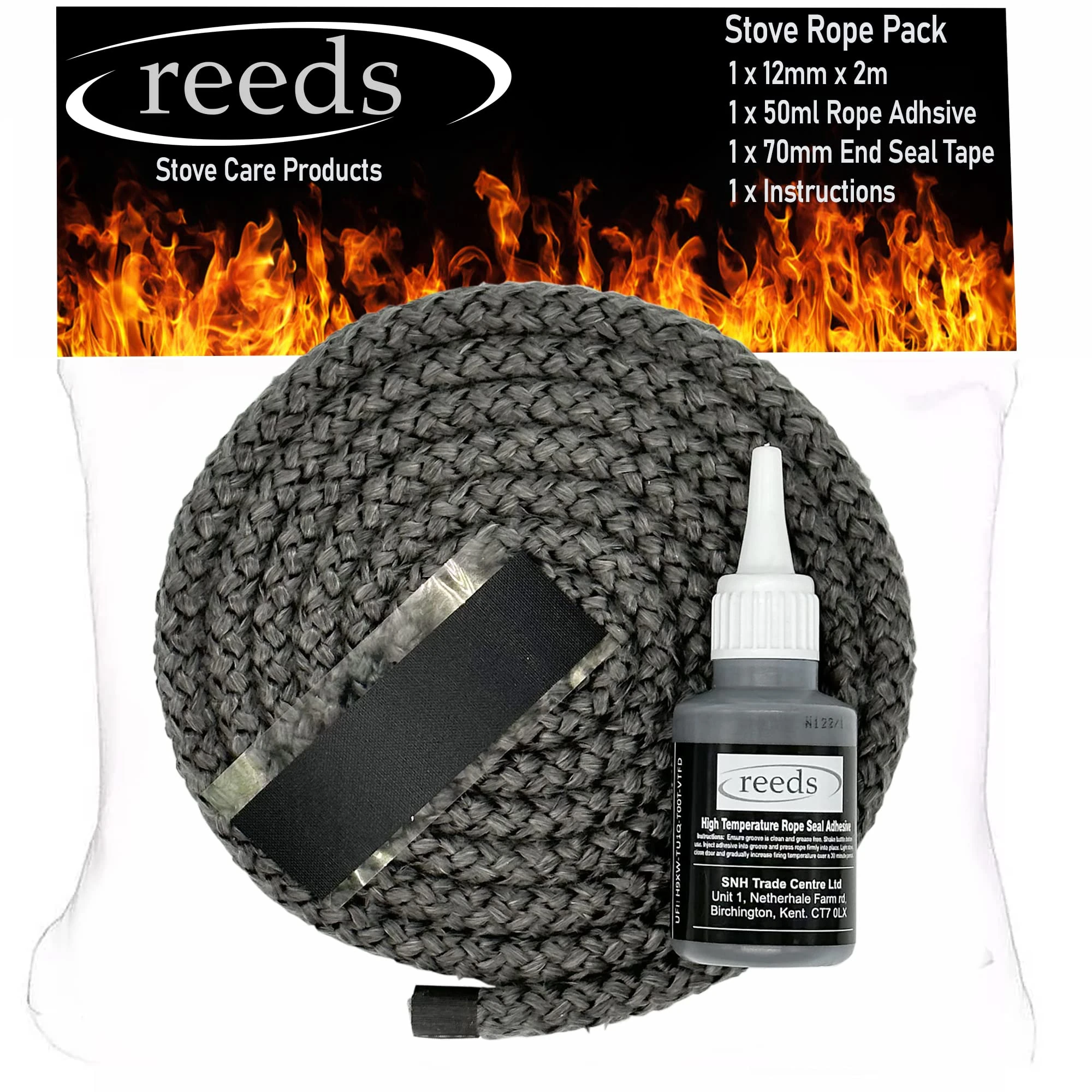 Reeds Black Stove Rope Kit 12mm with Large 50ml Reeds Adhesive - Flues Glass Door Seals Wood Burning Replacement Made in The UK (12mm Kit 2m)