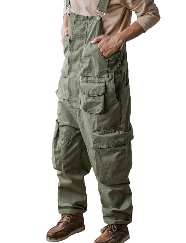 Rexcyril Men's Bib Overalls Loose Fit Baggy Casual Workwear Fashion Lightweight Sloppy Coveralls with Cargo Pockets, Green, 38 - Image 1