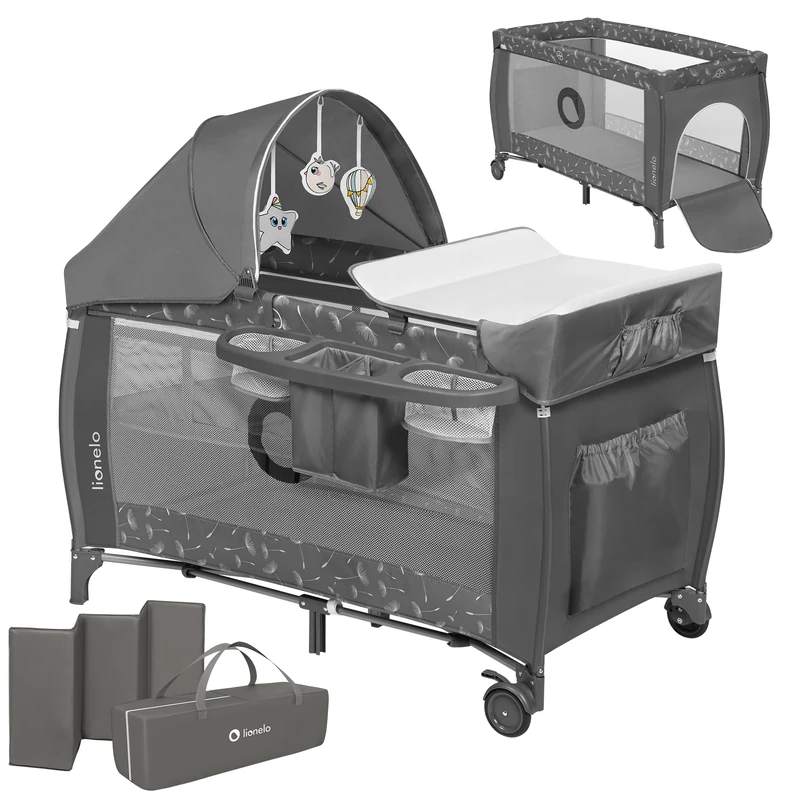Lionelo Sven Plus 2in1 Travel Cot and Portable Baby Zone for newborns 0-36 Months Foldable with 2-level Heights, Changing Table, Mattress, Side Entrance Mesh Walls Mosquito Net Canopy Wheels Organiser