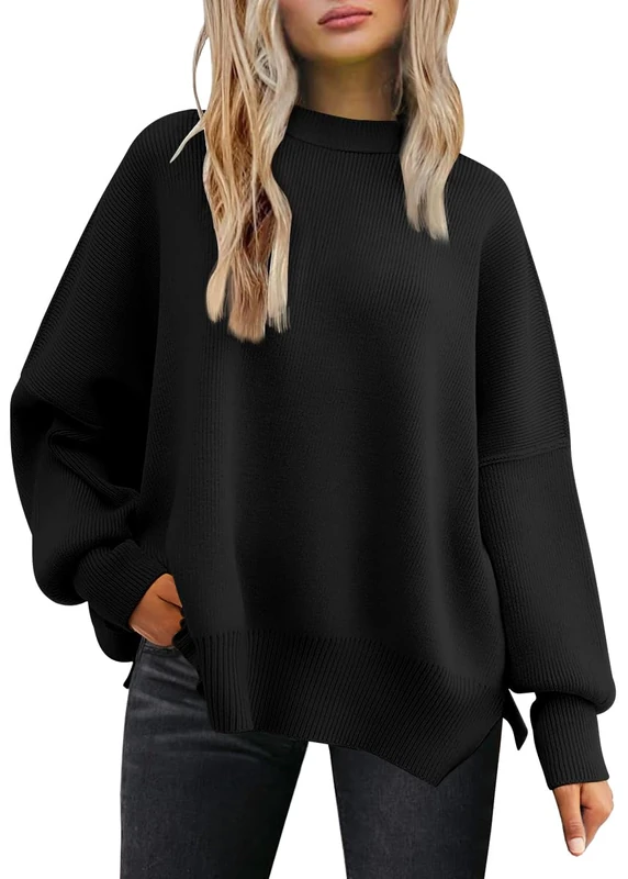 LILLUSORY Women's Long Sleeve Batwing Autumn Oversized Crew Neck Ribbed Knitted Sweater with Side Slit, Black, XXL