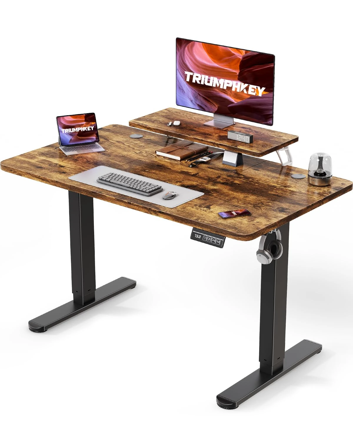 TRIUMPHKEY 120x60cm Electric Standing Desk Height Adjustable Desk With Monitor Hooks Stand Storage Shelf Home Office Sit Stand Study Table With Memory Smart Panel(Rustic Brown)