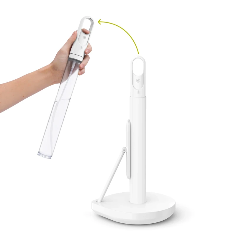 simplehuman Paper Towel Pump, Free Standing Kitchen Roll Holder with Spray Pump, Easy One Sheet Tear, Weighted Base (Fits Kitchen Rolls Measuring 23-28cm), White Steel, KT1199