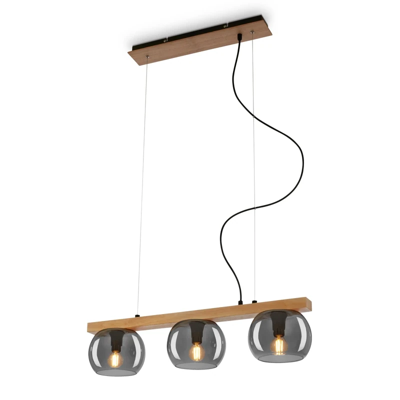 BRILONER 3 Piston Pendant Lamp, Smoked Glass, Ceiling Light, Ceiling Light, Smoked Glass Lampshade, Pendant Light, Chandelier, Bedroom Lamp, Black Wood