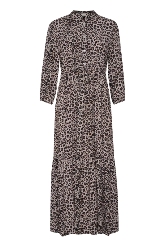 Cream Women's Maxi Band Collar Drawstring Waist 3/4 Sleeves Buttons Dress, Animal Neutral, L EU, Animal Neutral, L