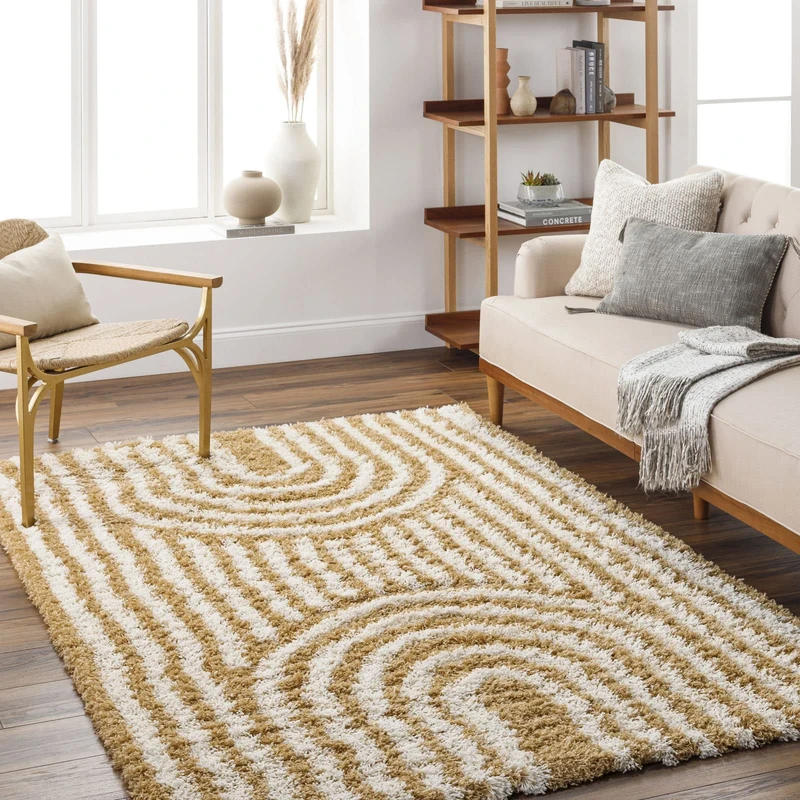 Livabliss Kalba Shaggy Rug - Modern Berber Rugs Living Room, Large 200x290 cm, Soft Shaggy Rugs for Bedroom - Neutral Boho Fluffy Rug, Easy Care Plush Thick Pile - Mustard and White