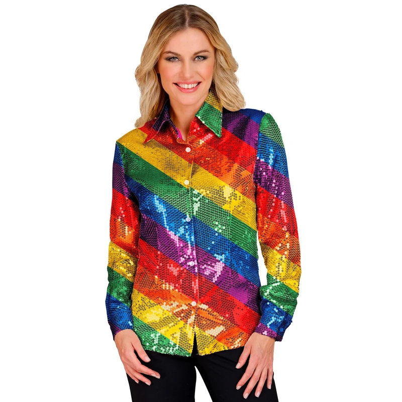 Widmann Rainbow Sequin Blouse - Disco Fever Women's Shirt XXL