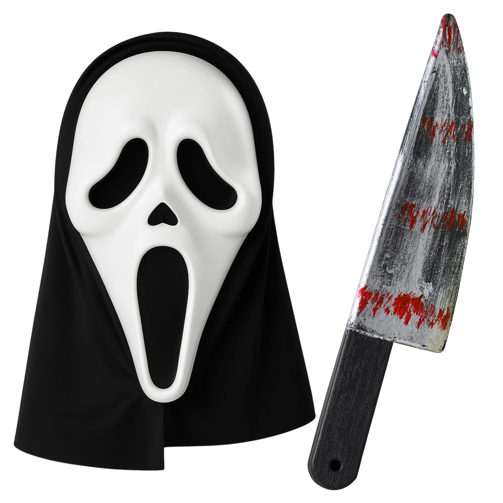 Moonlight Fright Screaming Ghost Face Mask and Knife with Blood Mens Halloween Costumes - Scary Adult Halloween Mask and Bloody Fake Knife Prop - Screamer Ghost Face Outfit Fancy Dress Adult