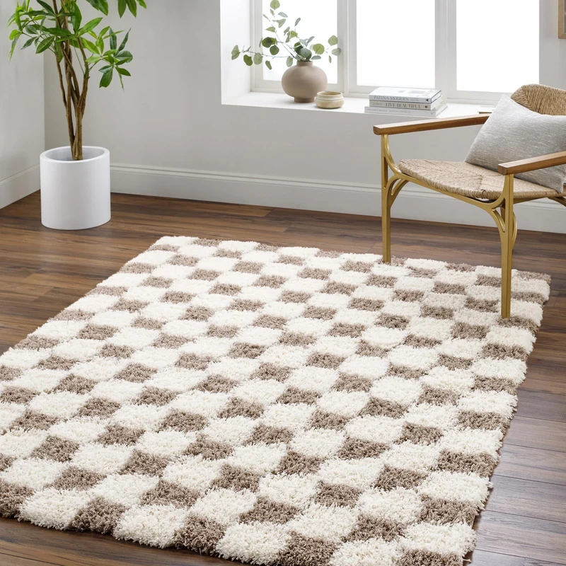Livabliss Mabini Shaggy Rug - Modern Berber Rugs Living Room, Large 160x220 cm, Soft Shaggy Rugs for Bedroom - Neutral Boho Fluffy Rug, Easy Care Plush Thick Pile - Cream and Dark Brown