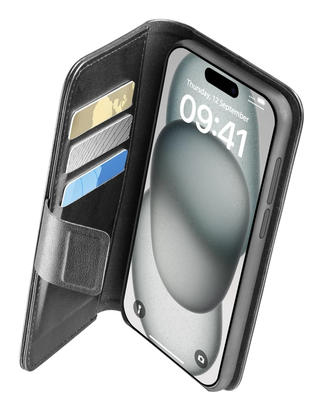 cellularline Book Agenda iPhone 15 Plus Phone Case, Mobile Case, Elegance and Functionality in One Solution, With Integrated Antibacterial Microban Technology, Black