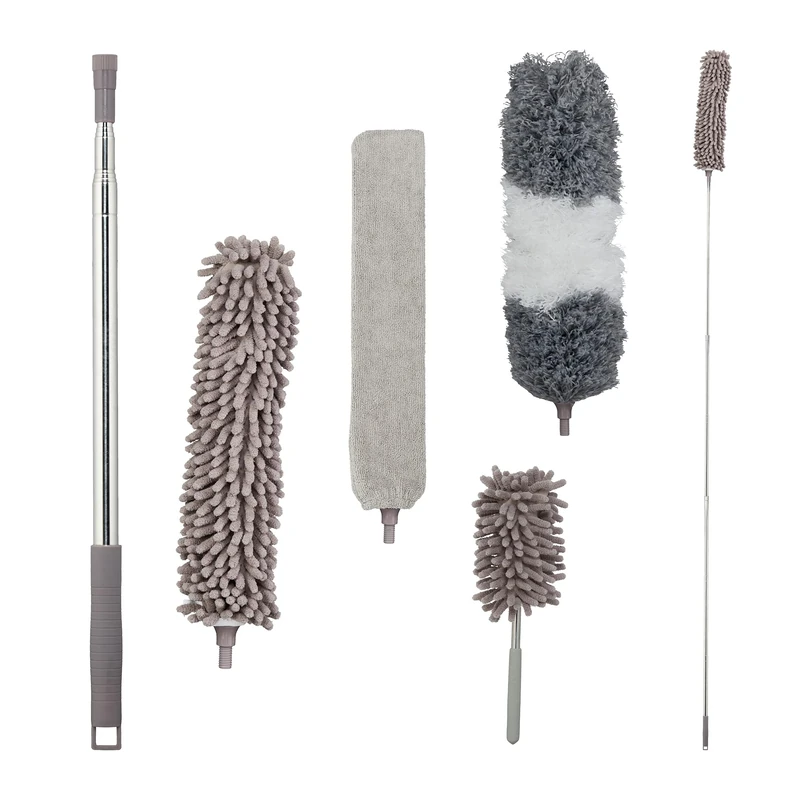 Relaxdays Duster Set, 3 Attachments, 1 Dust Mop, Telescopic Bar up to 2.5 m Long, Washable, Bendable, Cleaning, Grey