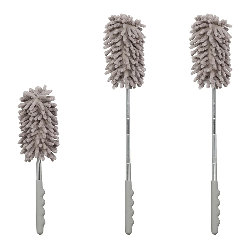 Relaxdays Set of 3 Duster, Extendable Telecopic Bar up to 77cm, Washable Microfibre, Car & Household, Dust Mop, Grey, Polyester
