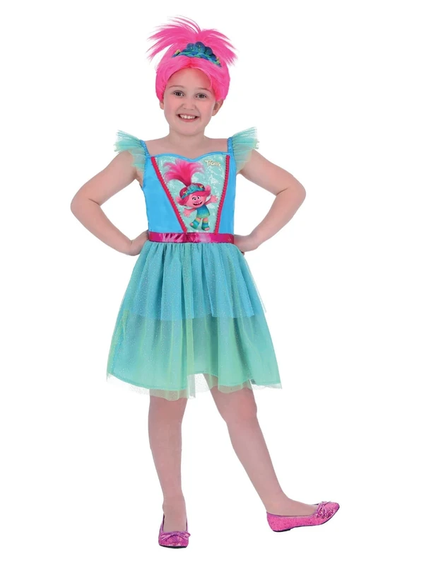 Smiffys Trolls Band Together Poppy Costume, Childrens Pink Dress with Glitter Tulle Skirt, Official License Outfit with Shoulder Detail & Official Poppy Print, Official Trolls Halloween Fancy Dress