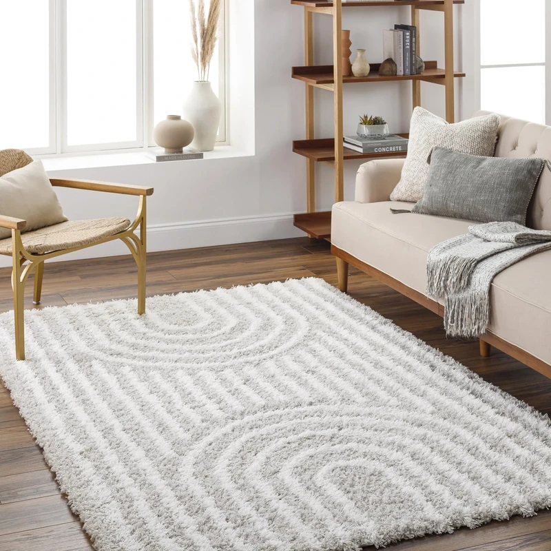 Livabliss Kalba Shaggy Rug - Modern Berber Rugs Living Room, Large 200x290 cm, Soft Shaggy Rugs for Bedroom - Neutral Boho Fluffy Rug, Easy Care Plush Thick Pile - Light Grey and White