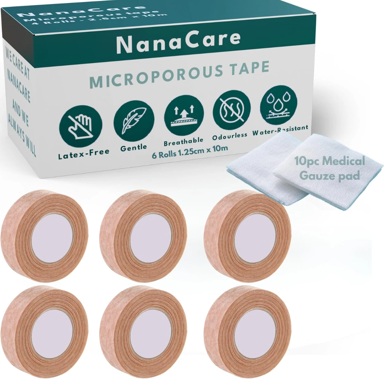 NanaCare Microporous Surgical Tape 1.25cm x 10 m (6 Rolls) +10pc Gauze Swab| Micropore Tape | Earring Tape |Medical Tape for Skin, Dressings and Face (Tan)