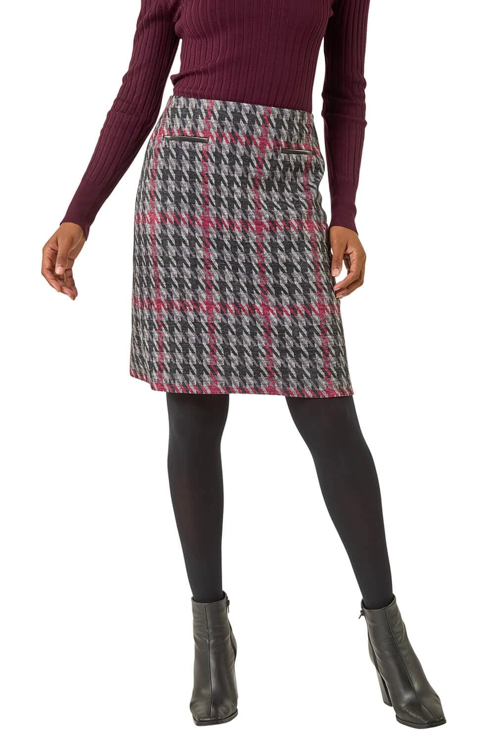 Roman Originals Short Skirt for Women UK Ladies Brushed Lined Stretch A-Line Winter Autumn Smart Casual Mini Fitted Bodycon Jersey Pull On Elasticated Waist Work Party - Red Black - Size 20