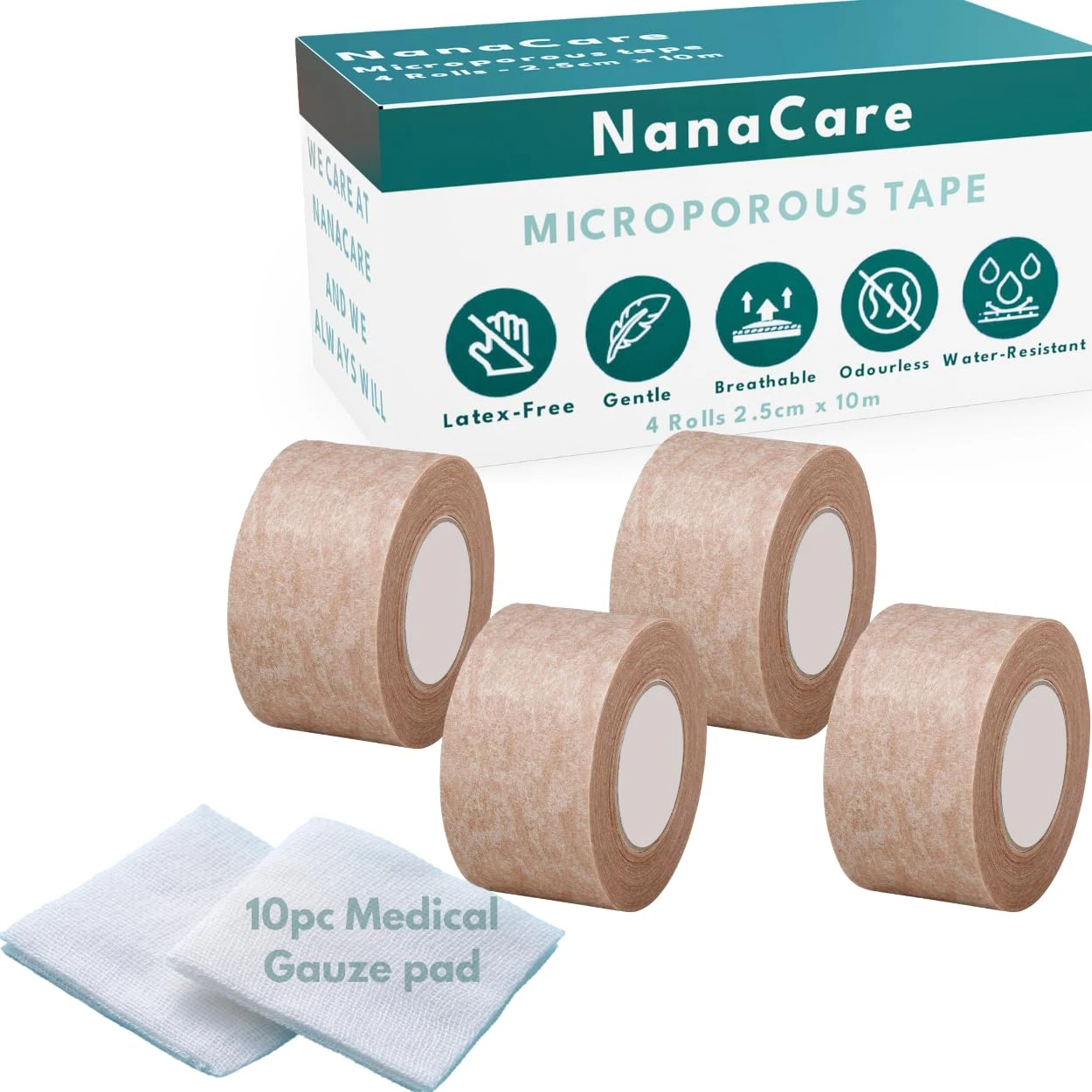 NanaCare Tan Microporous Surgical Tape 2.5cm x 10m (4 Rolls) | Tan Micropore Tape | Skin Coloured Nose Tape |Medical Tape for Skin, Dressings & Rhinoplasty Recovery |Surgical Tape for Sensitive Skin