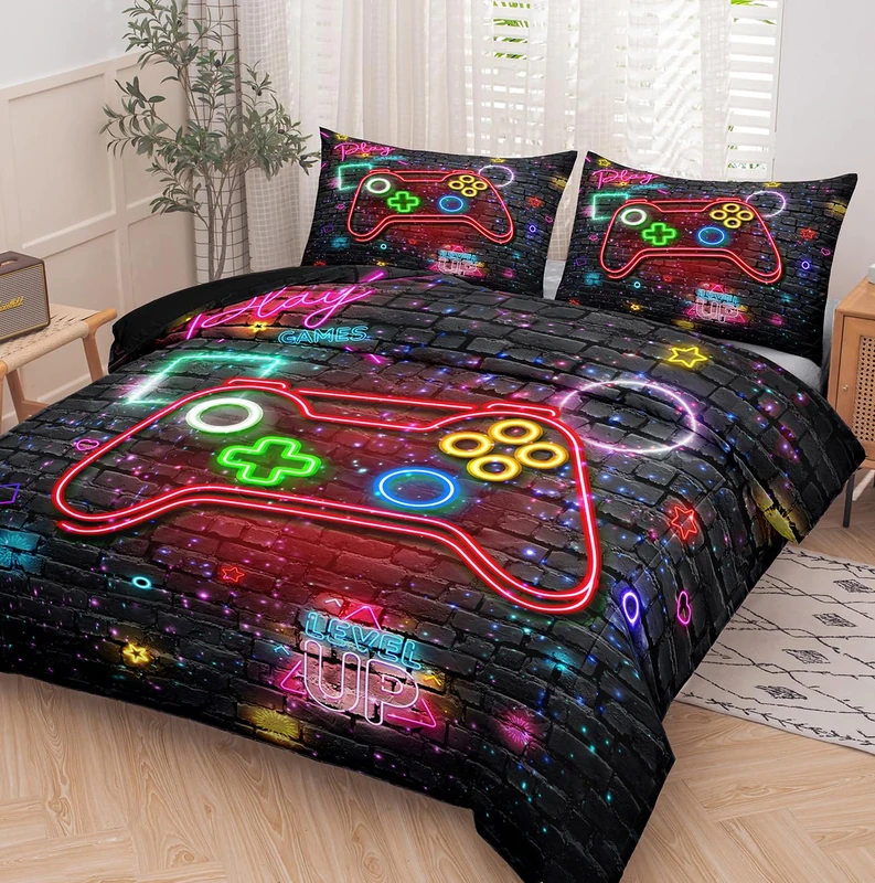 NINENINE Gaming Bedding Sets for Boys 5PCS Queen Size Gaming Comforter Gampad Contoller Video Kids Teens Black Bedding Comforter Sheet Set(1Comforter, 1Flat Sheet, 1Fitted Sheet, 2Pillowcases)